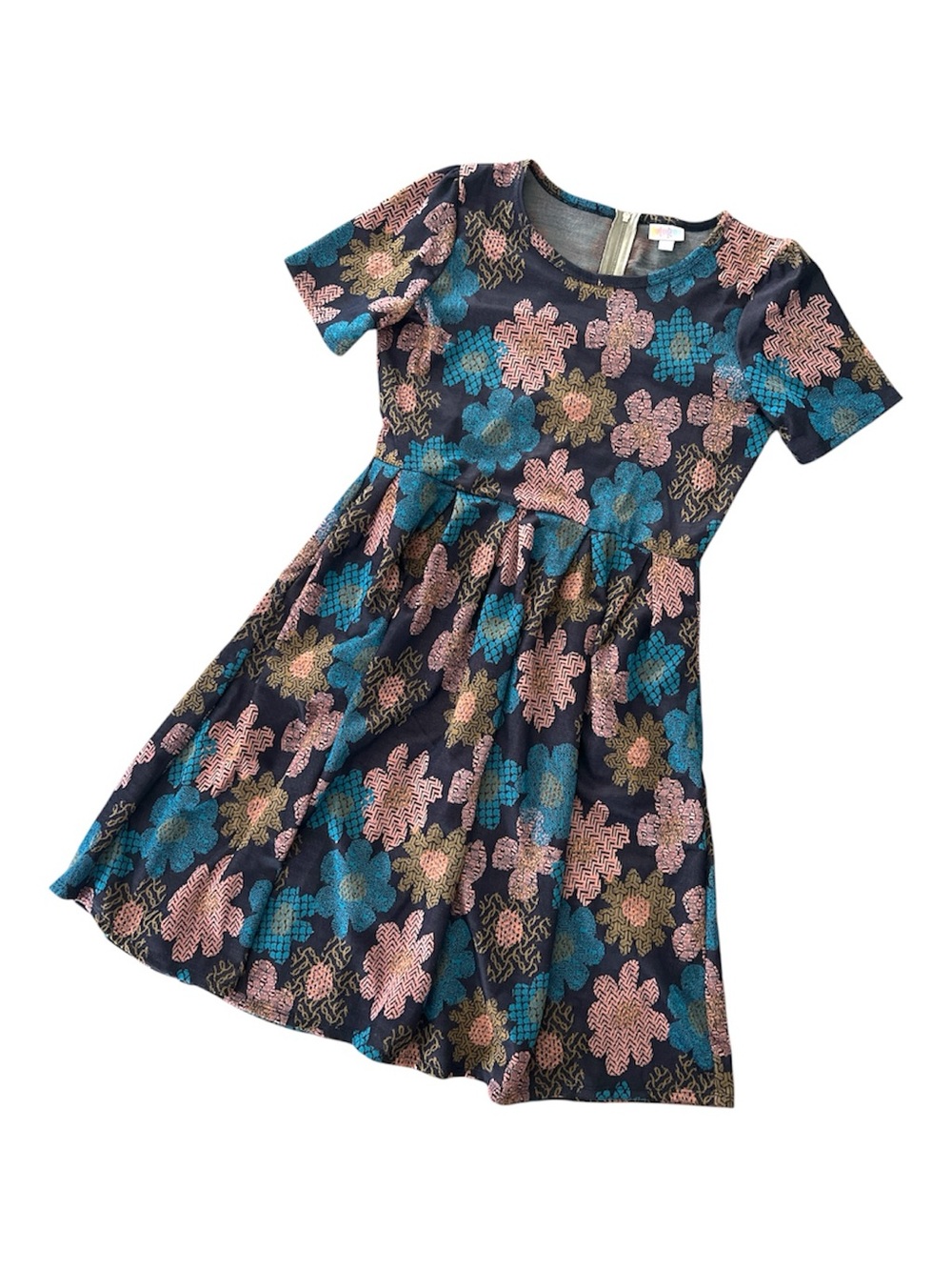 LuLaRoe • Amelia Fit-and-Flare Dress • Rare Print • Vintage • Pink Blue Floral - Picture 3 of 7